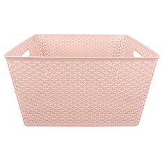 a pink plastic basket with holes on the front and sides, sitting on a white background