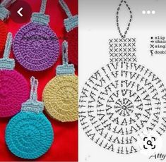 crochet christmas ornaments are shown on the left and in the right hand corner