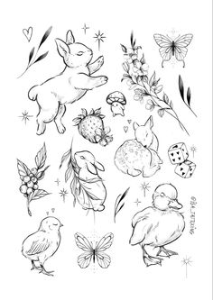 an ink drawing of various animals and flowers