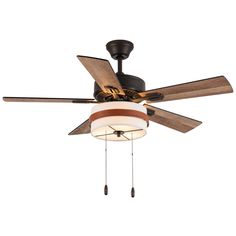 a ceiling fan with three blades and two lights on top of it, against a white background