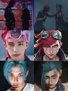 four different images of anime characters with blue hair and pink glasses, one is looking at the camera