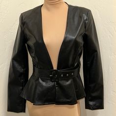 Black Peplum Leather Jacket With Adjustable Belt Chic Fitted Belted Biker Jacket, Black Fitted Faux Leather Outerwear, Fitted Black Faux Leather Outerwear, Chic Long Sleeve Biker Jacket For Formal Occasions, Elegant Belted Leather Jacket, Elegant Long Sleeve Belted Leather Jacket, Chic Fitted Faux Leather Biker Jacket, Chic Spring Biker Jacket With Belt, Elegant Fitted Belted Leather Jacket