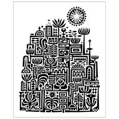 a black and white drawing of an abstract city