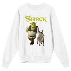 Celebrate your favorite characters in style with this Shrek sweatshirt. The sweatshirt features an image of Shrek and Donkey walking under green letters that spell out the movie's logo. The sweatshirt comes in a white long sleeve crew neck. Shrek fans will love this comfy and cozy sweatshirt. Shrek Clothes, Fan Merchandise Hoodie With Character Print, Crew Neck, Character Print Hoodie For Fans With Crew Neck, Pop Culture Winter Sweatshirt With Character Print, Crew Neck Hoodie With Character Print For Fans, Fan Merchandise Long Sleeve Sweatshirt, Character Print Long Sleeve Sweatshirt For Fans, Green Crew Neck Sweatshirt For Fan Merchandise, Green Sweatshirt With Letter Print For Fans