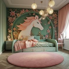 a bedroom decorated in pink and green with a unicorn mural on the wall