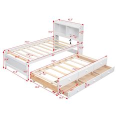 the measurements for a bed frame with drawers on each side and an open drawer underneath it