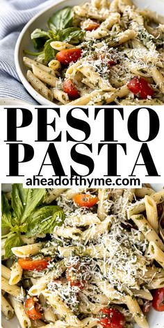 pasta with pesto, tomatoes and parmesan cheese on top in a white bowl