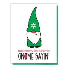 a christmas card with an image of a gnome wearing a green hat and snowflakes