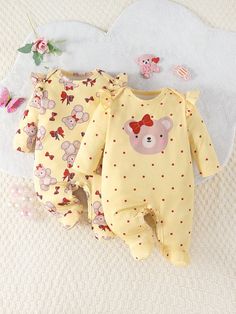 Baby Girl Round Neck Cartoon Bear Printed Long Sleeve Bodysuit Pajamas Yellow   Long Sleeve Fabric Animal,Cartoon,Geometric Baby Sleepsuit Slight Stretch  Baby Girls Clothing, size features are:Bust: ,Length: ,Sleeve Length: Cute Cartoon Print Onesie For Sleep, Cute Pink Onesie With Cartoon Print, Cotton Onesie With Cartoon Print For Sleep, Baby Girl Pjs, Baby Vans, Bear Pajamas Baby, Baby Girl Pajamas, Cartoon Bear, Upholstered Chair