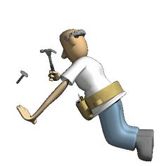 a cartoon man holding a hammer and an ax in his hand while running through the air