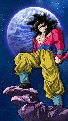 the dragon ball character is standing on top of a rock in front of a full moon