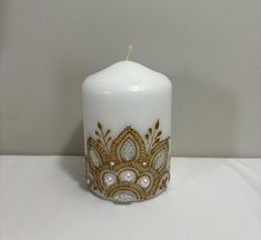 a white candle sitting on top of a table