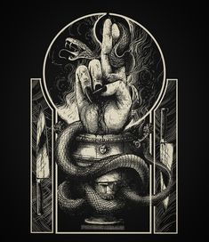 a black and white drawing of a hand holding a snake