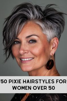 Short Shaggy Grey Hairstyles, Undercut Grey Hairstyles Women, Dawn French Short Hair, Pixies With Highlights Brunette, Pixie Haircut For Gray Hair, Comb Back Hairstyles For Women, Short On One Side Long On The Other Hair, Pixie Haircut Long On Top Short On Sides, Great Short Haircuts