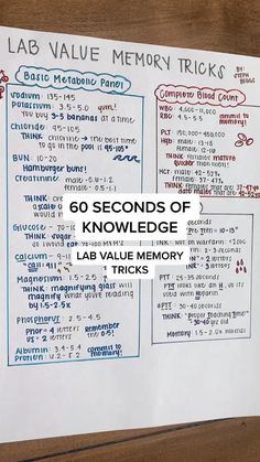 a close up of a piece of paper with writing on it that says lab value memory tricks