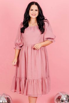 Chic Soul plus size clothing, pink midi dress with ruffle detail with 3/4 length cuffed sleeves Chic Soul, Quality Dresses, Model Fits, Inspired Dress, The Pretty, Dress Pink, Elevate Your Style, Pretty Pink, Gorgeous Dresses