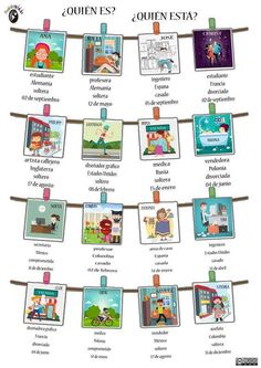 an image of children's pictures hanging on a clothes line with words in spanish