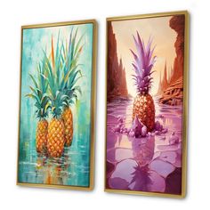 two paintings of pineapples are hanging on the wall in front of each other