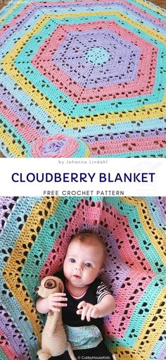 a baby sitting on top of a crocheted blanket with the words cloudberry blanket written