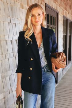 Inspired by one of the greatest style icons, Princess Diana, the Navy Diana Blazer is made with thoughtful details for the perfect fit. Featuring an oversized double-breasted silhouette, notched lapels, and gold buttons, this looks like it was borrowed from another decade and updated for now. Pair with denim and gold jewelry for a look that is truly timeless- from the office to drinks with friends! Double-breasted Oversized, boxy silhouette Gold buttons at the front and cuffs Notched, wide lapel Navy Blue Jacket Outfit, Navy Jacket Outfit, Heavy Clothing, Classic Style Outfits, Navy Outfit, White Denim Jacket