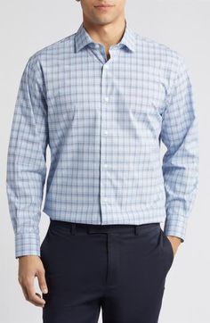 A crisp, breathable cotton blend patterned in a bright plaid brings smart comfort to a dress shirt that wicks away sweat and offers plenty of easy stretch. French placket Spread collar Mitered, adjustable button cuffs 78% cotton, 15% CoolMax® polyester, 7% spandex CoolMax polyester moisture-wicking fabric for dryness and comfort in the heat Machine wash, tumble dry Made in Turkey Casual Plaid Dress Shirt For Business, Plaid Cotton Dress Shirt For Business Casual, Business Casual Plaid Cotton Dress Shirt, Casual Plaid Cotton Dress Shirt, Casual Plaid Long Sleeve Dress Shirt, Plaid Shirt For Business Casual In Spring, Casual Plaid Collared Dress Shirt, Spring Plaid Cotton Dress Shirt, Blue Cotton Dress Shirt For Fall