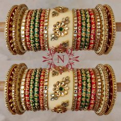 Designer Indian Red, Green & Beige Color Bridal Chura Set. Beautified With High Quality Glass Kundan. The Beautiful Combination Of Red, Green & Beige Color Is Making This Ensemble Exclusive. Center Piece Is Decorated With Floral Shape Kundan Fitting. This is a set of 34 Bangles (17 For Each Hand). Heavy Red Traditional Wear For Festive Occasions, Red Traditional Wear For Wedding Festival, Red Traditional Wear For Ceremonial Festival, Ceremonial Red Traditional Wear For Festival, Red Ceremonial Traditional Wear For Festival, Red Kundan Traditional Wear For Celebration, Festive Multicolor Heavy Traditional Wear, Jewellery Bangles, Bridal Chura