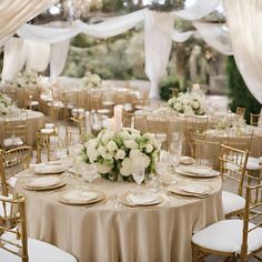 the tables are set up with white flowers and gold chairs for an elegant wedding reception