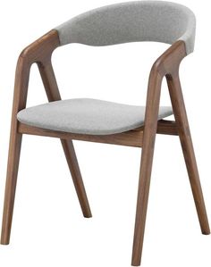 a gray and wood chair with grey fabric upholstered on the armrests