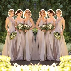 a group of women standing next to each other in front of some bushes and trees