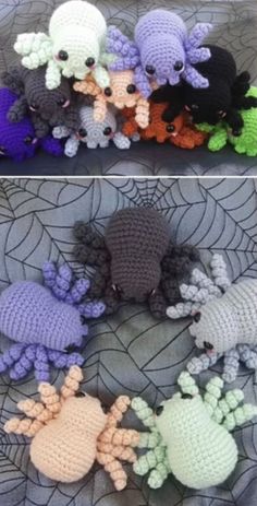 several crocheted stuffed animals sitting on top of a table