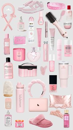 Girl Things, Soft Pink Makeup Products, Pink Skincare Aesthetic Products, Aesthetic Pink Perfume, Pink Gift Basket, Girly Things Makeup Brushes & Tools, Pink Makeup Collection Aesthetic, Girly Christmas Gifts, Skincare Organization