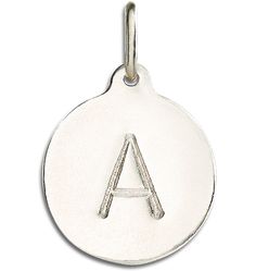 14k White Gold 'A' Alphabet Charm Minimalist Polished Initial Pendant Necklace, Minimalist Initial Pendant Necklace With Polished Finish, Minimalist Round Disc Initial Necklace, Minimalist Initial Round Disc Necklace, Sterling Silver Initial Necklace In Round Disc, Sterling Silver Initial Necklace With Round Disc, Sterling Silver Round Disc Initial Necklace, Sterling Silver Initial Necklace On Round Disc, Classic Initial Pendant Necklace With Charms