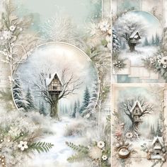 a set of four pictures with trees and houses in the snow, surrounded by white flowers