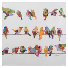 colorful birds are sitting on a wire and one is painted multicolored with different colors