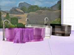 a bathroom scene with two sinks and purple towels on the floor, in front of a painting