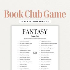 the book club game is shown in pink and white, with an orange font that reads fantasy