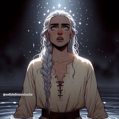 a woman with long white hair and blue eyes is standing in the water looking up