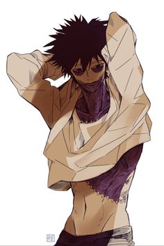 an anime character with black hair and no shirt, holding his arms behind his head