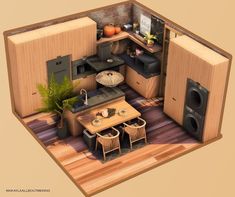 an overhead view of a small kitchen and living room in a tiny apartment with wood flooring