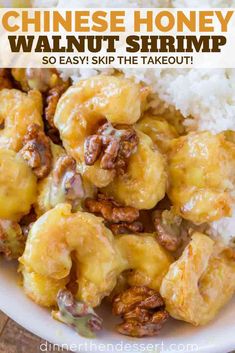 chinese honey walnut shrimp with rice in a white bowl