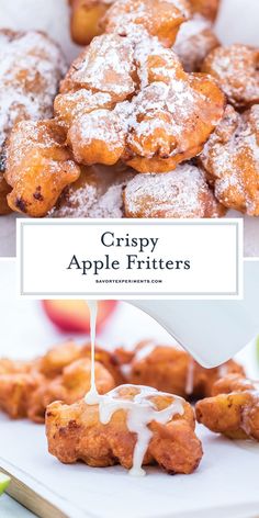 crispy apple fritters with icing being drizzled over them