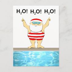 a card with an image of a santa clause standing on the edge of a swimming pool