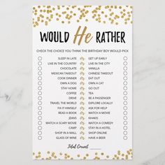 a gold foil confetti themed wedding game with the words would he rather?