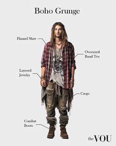 25 Types of Boho Styles - Most Popular and Trendy Boho Oversized Shirt, Laid Back Boho Outfits, Flannel Male Outfit, Man 90s Outfit, Electric Forest Outfit Men, Jean Vest Outfits Men, Grunge Flannel Outfits Men, Styling Boots Men, Boho Style Outfits Men