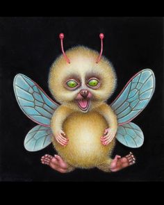 a painting of a monkey with green eyes and wings on it's back legs