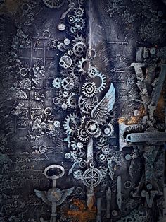 an abstract painting with gears, wrenches and other things on the side of it