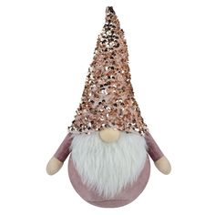 a pink and white gnome ornament with sequins on it's head