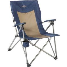 a blue and tan folding camping chair