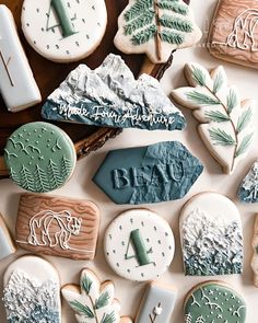 cookies decorated with frosting and icing are arranged in the shape of trees, mountains, and letters