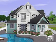 this is an artist's rendering of a house with a pool in the front yard